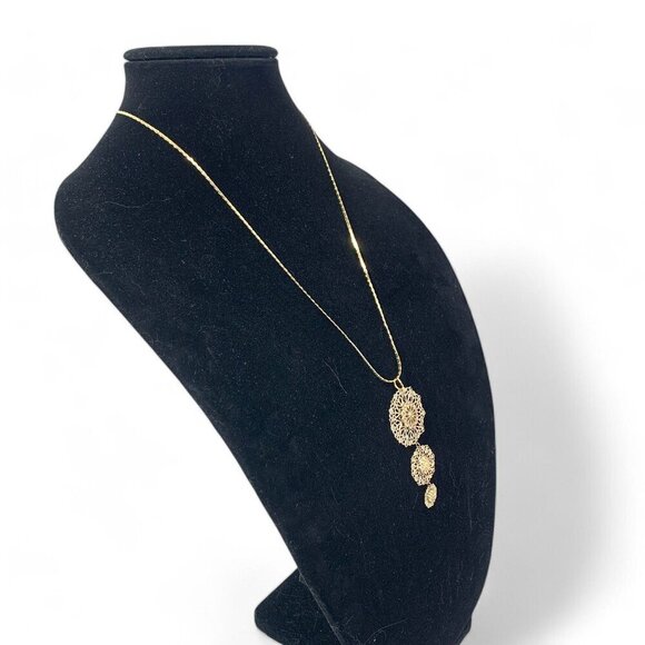 Vintage Repurposed Necklace Gold Tone Cocoon Link Chain & Filagree Pendant 24" - Picture 2 of 7